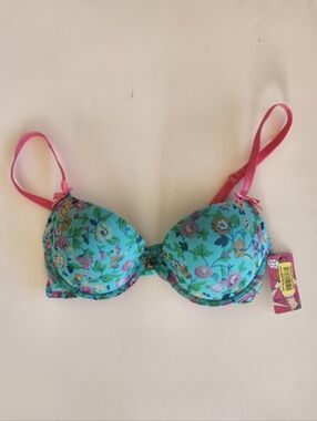 Betsey Johnson Mesh Bump M’Up Push-Up Bra, Teal w floral mesh overlay, NWT, 34A
